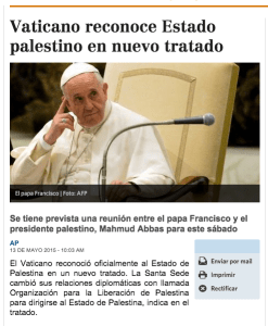 Vaticano reconoce estado de Palestina en nuevo tratado (anunciando que tiene poder político)