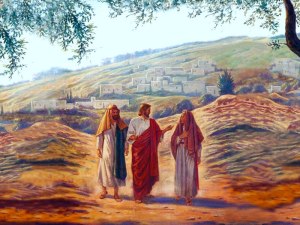 Jesús camina de Jerusalén a Emmaús con dos discípulos que no le reconocen. 